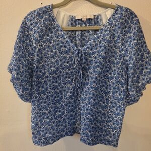 LOFT Blue Floral Women's Puffy Sleeve Neck Tie Top - Xs